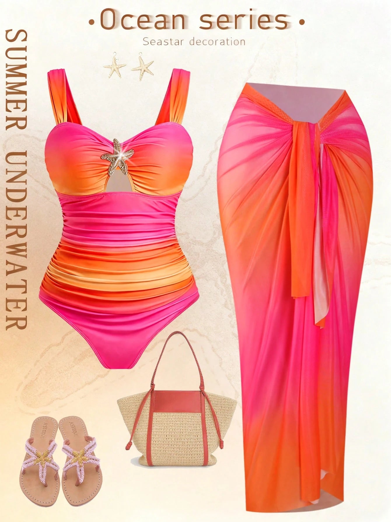 Swim Oasis Plus Size Women Ombre Hollow Out One-Piece Swimsuit With Long Printed Mesh Cover-Up, Suitable For Beach Vacation In Summer