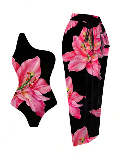 Swim Oasis Plus Size Women's Colorful Print One-Piece Swimsuit With Matching Floral Print Chiffon Maxi Skirt, Sexy & Elegant Beach Vacation Set