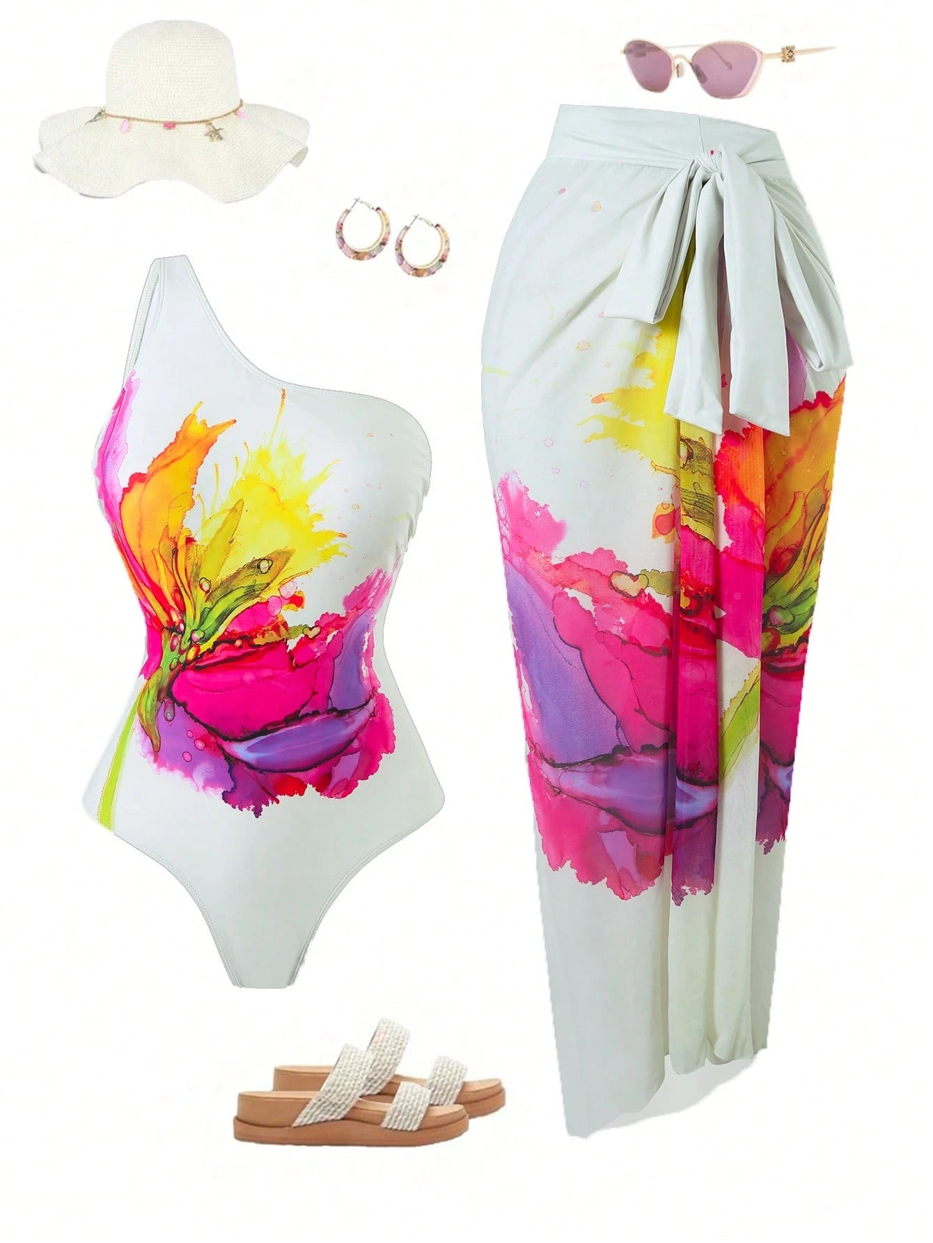 Swim Oasis Plus Size Women's Colorful Print One-Piece Swimsuit With Matching Floral Print Chiffon Maxi Skirt, Sexy & Elegant Beach Vacation Set