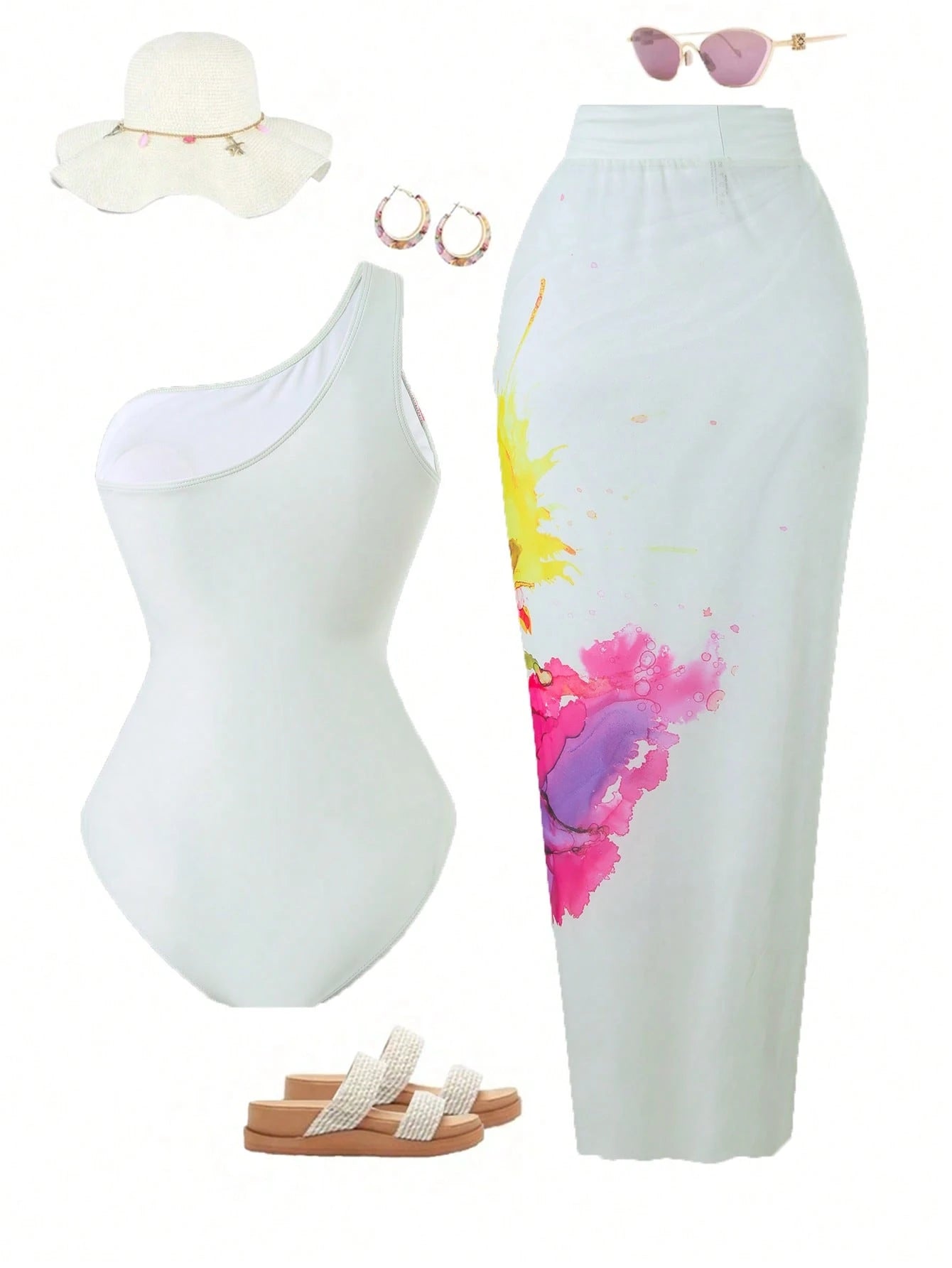 Swim Oasis Plus Size Women's Colorful Print One-Piece Swimsuit With Matching Floral Print Chiffon Maxi Skirt, Sexy & Elegant Beach Vacation Set