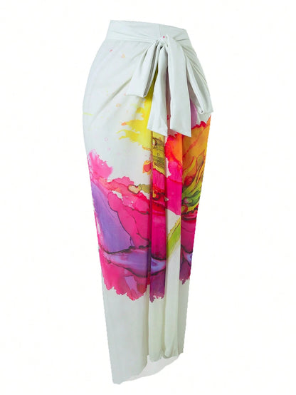 Swim Oasis Plus Size Women's Colorful Print One-Piece Swimsuit With Matching Floral Print Chiffon Maxi Skirt, Sexy & Elegant Beach Vacation Set