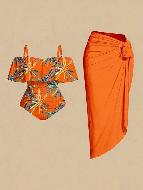 Swim Oasis Plus Size Women Tropical Plant Print Off-Shoulder One-Piece Swimsuit With Coverup And Skirt