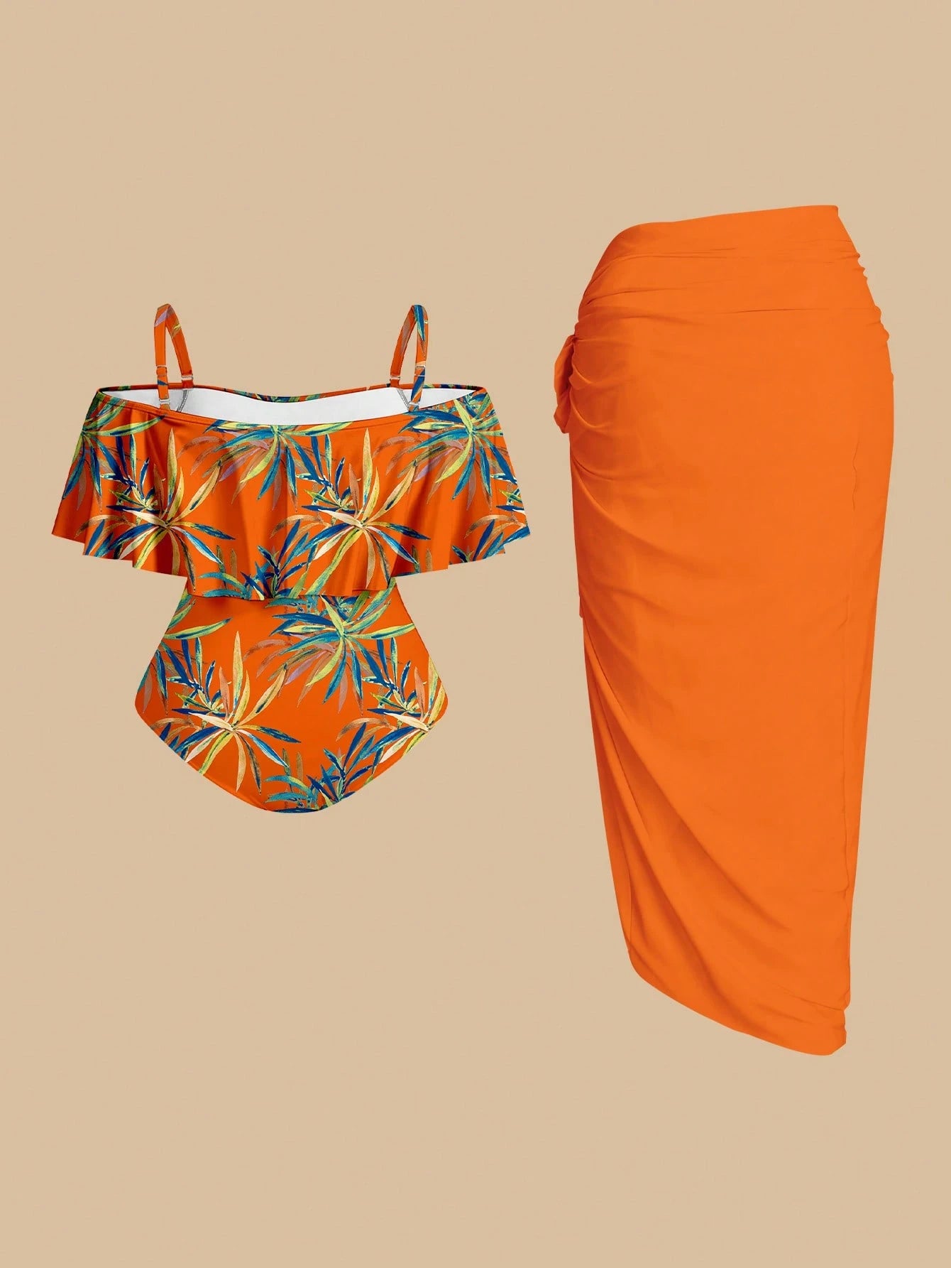 Swim Oasis Plus Size Women Tropical Plant Print Off-Shoulder One-Piece Swimsuit With Coverup And Skirt