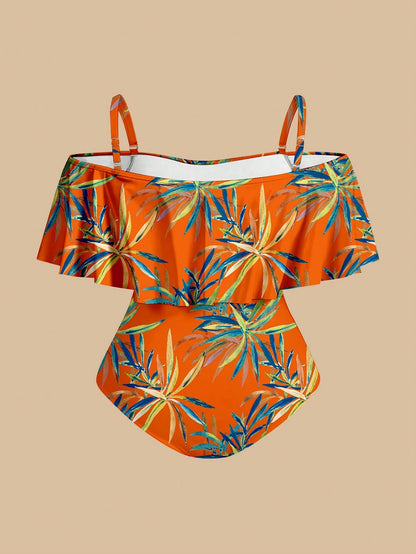 Swim Oasis Plus Size Women Tropical Plant Print Off-Shoulder One-Piece Swimsuit With Coverup And Skirt
