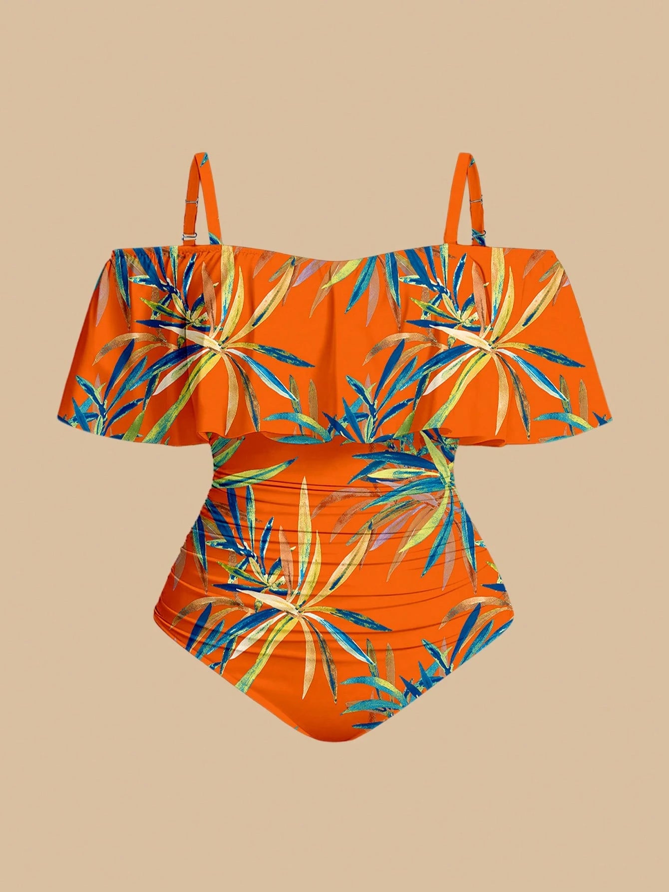 Swim Oasis Plus Size Women Tropical Plant Print Off-Shoulder One-Piece Swimsuit With Coverup And Skirt