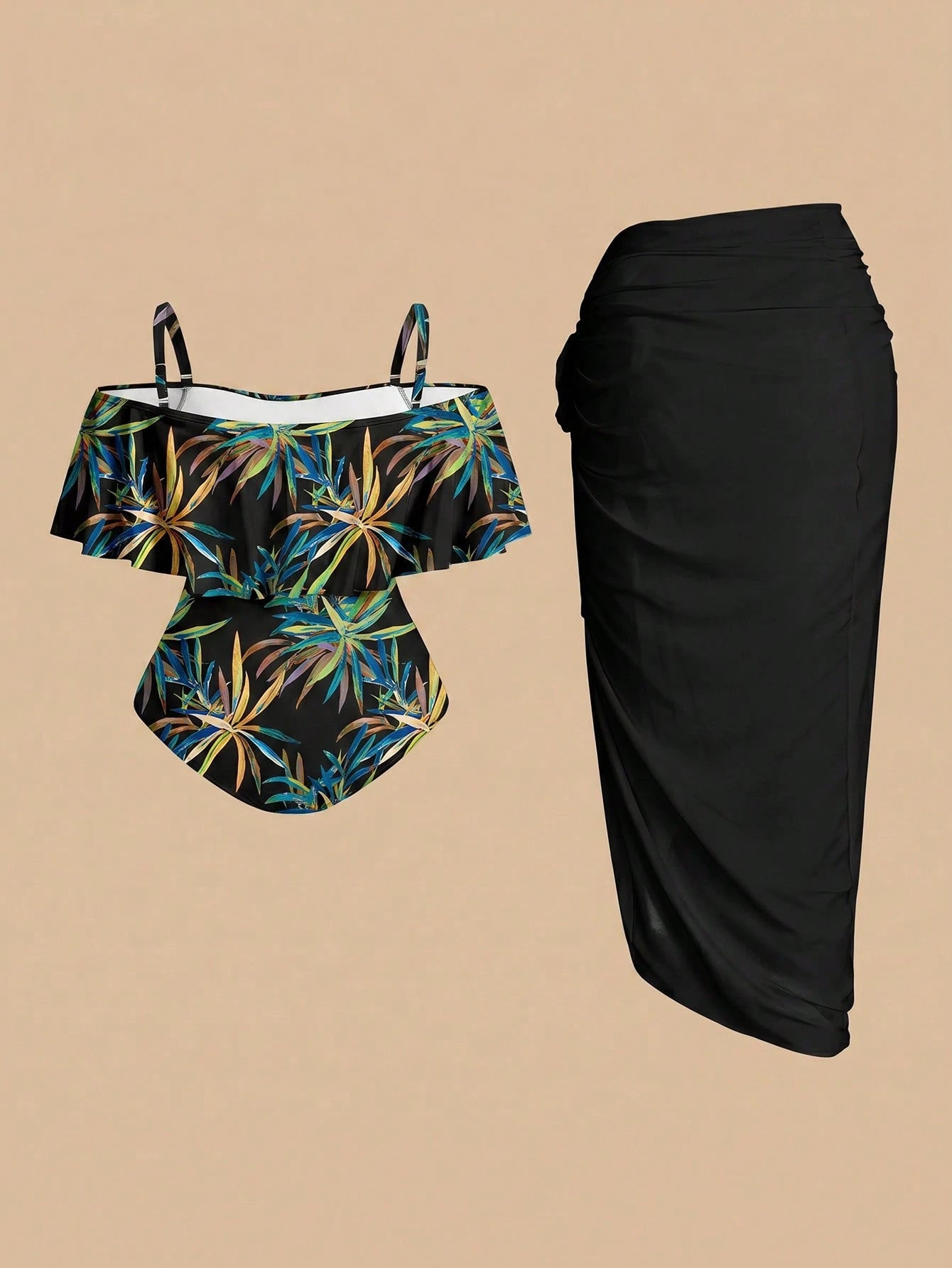 Swim Oasis Plus Size Women Tropical Plant Print Off-Shoulder One-Piece Swimsuit With Coverup And Skirt
