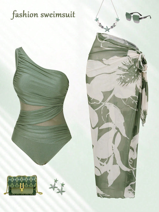 Swim Oasis Sage Green Women's Cute One Piece Swimsuit With Sarong,Summer Beach Holiday Bathing Suits,Elegant One Shoulder Mesh Modest Resort Wear Curve Outfit
