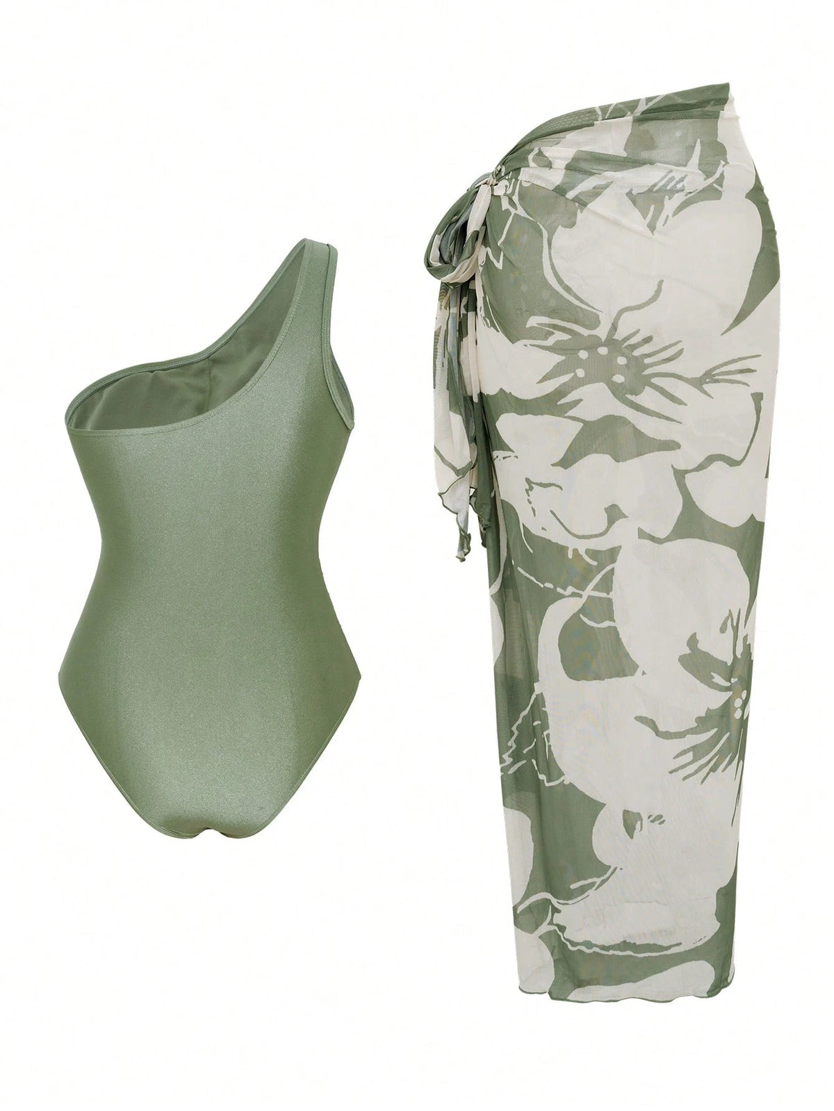 Swim Oasis Sage Green Women's Cute One Piece Swimsuit With Sarong,Summer Beach Holiday Bathing Suits,Elegant One Shoulder Mesh Modest Resort Wear Curve Outfit