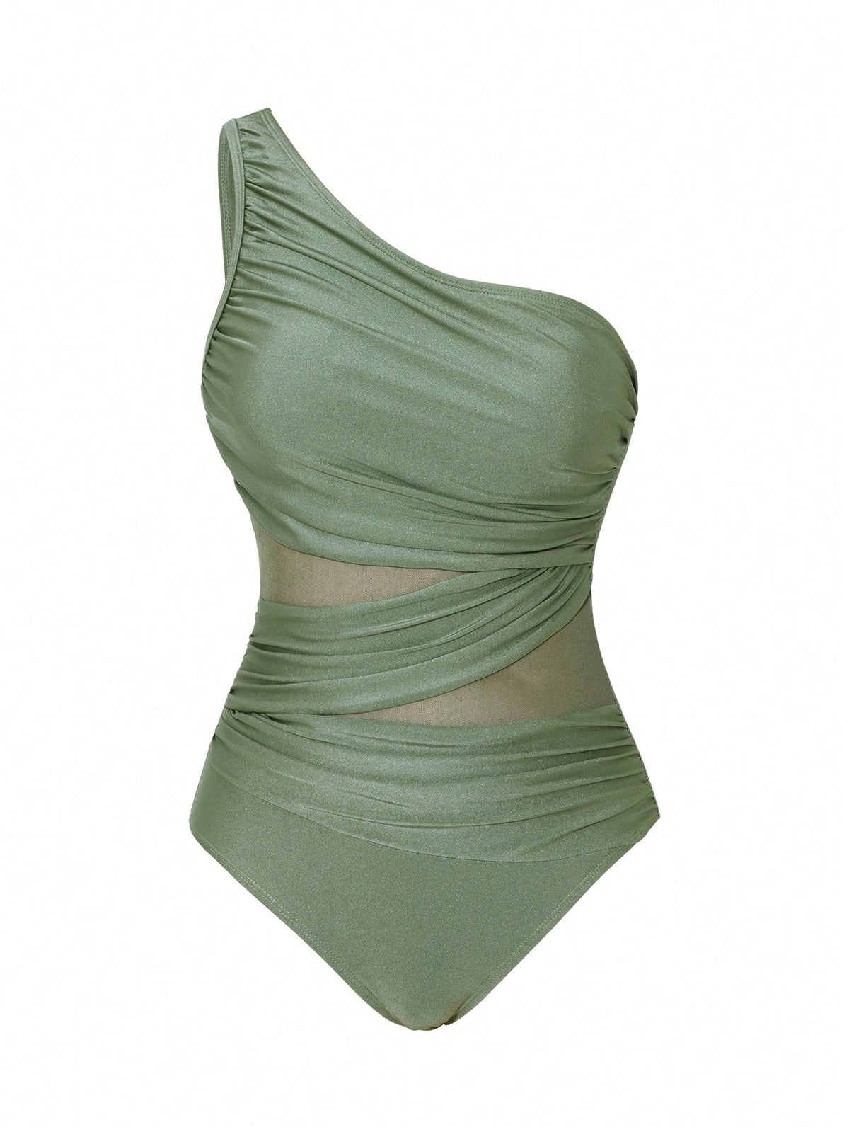 Swim Oasis Sage Green Women's Cute One Piece Swimsuit With Sarong,Summer Beach Holiday Bathing Suits,Elegant One Shoulder Mesh Modest Resort Wear Curve Outfit