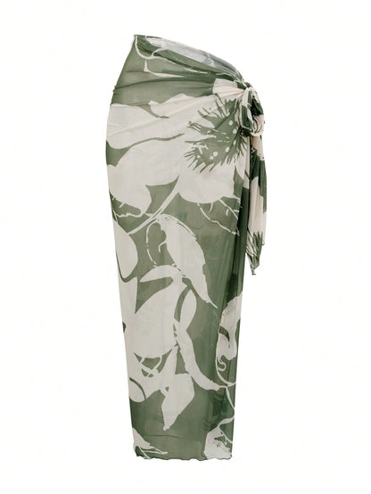 Swim Oasis Sage Green Women's Cute One Piece Swimsuit With Sarong,Summer Beach Holiday Bathing Suits,Elegant One Shoulder Mesh Modest Resort Wear Curve Outfit