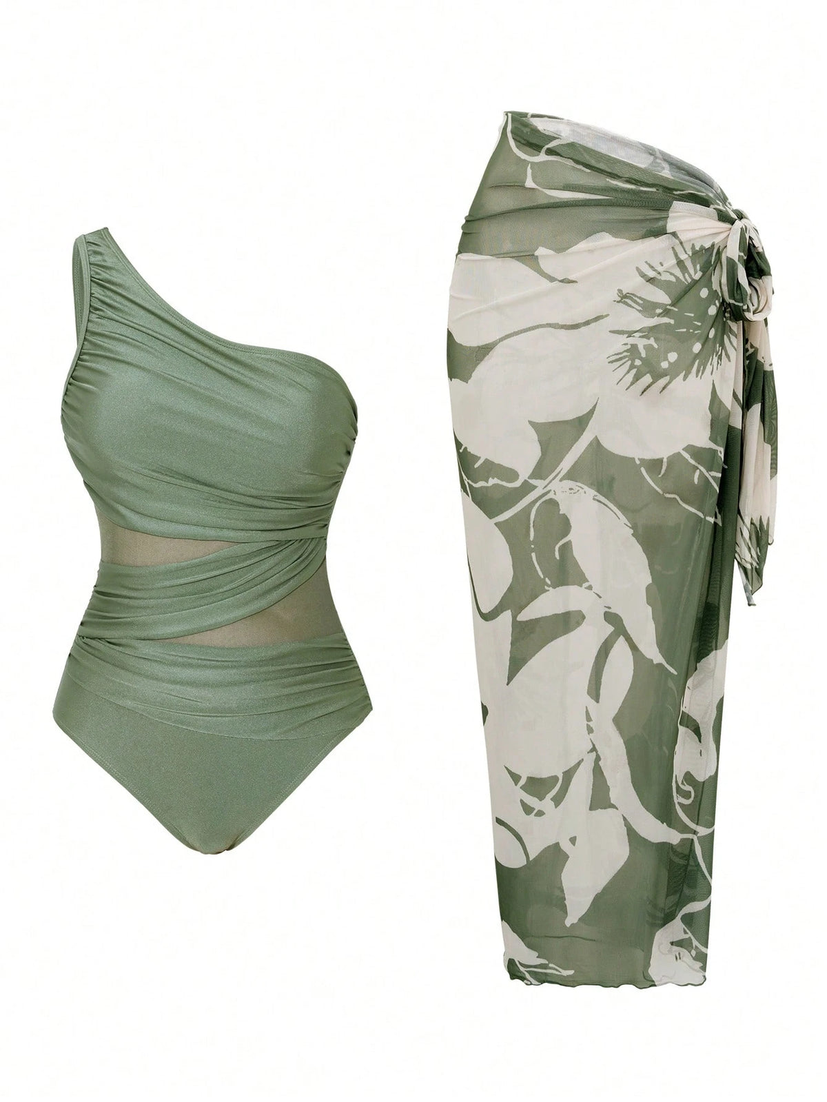 Swim Oasis Sage Green Women's Cute One Piece Swimsuit With Sarong,Summer Beach Holiday Bathing Suits,Elegant One Shoulder Mesh Modest Resort Wear Curve Outfit