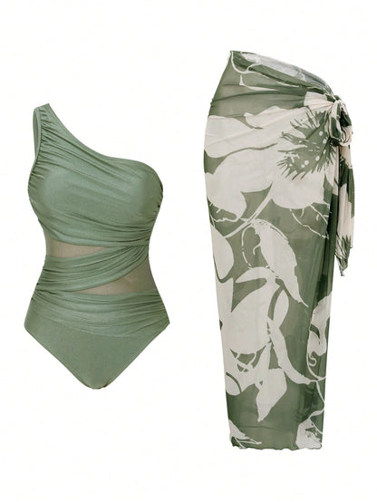 Swim Oasis Sage Green Women's Cute One Piece Swimsuit With Sarong,Summer Beach Holiday Bathing Suits,Elegant One Shoulder Mesh Modest Resort Wear Curve Outfit