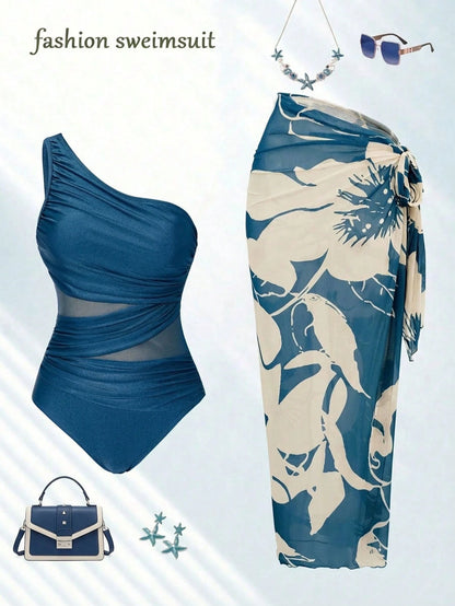 Swim Oasis Sage Green Women's Cute One Piece Swimsuit With Sarong,Summer Beach Holiday Bathing Suits,Elegant One Shoulder Mesh Modest Resort Wear Curve Outfit