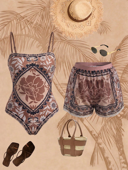 Swim Oasis Women's All-Over Print One-Piece Swimsuit, Suitable For Beach Vacation, Pool Party, Beach Party, Pair With Shorts