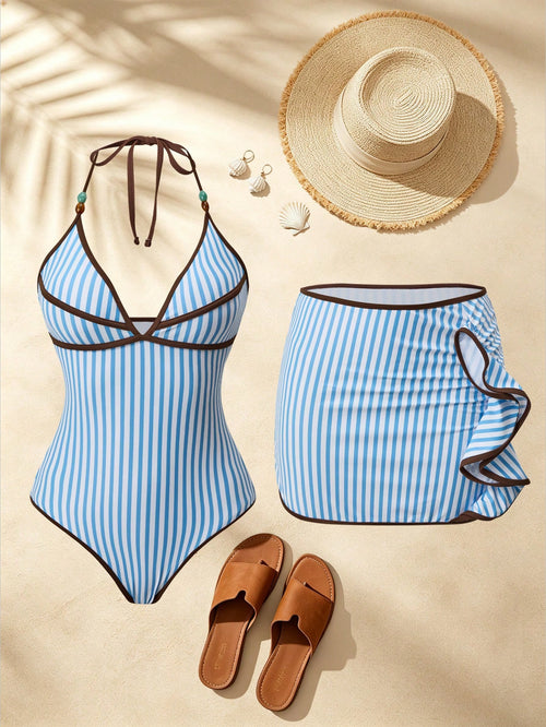 Swim Oasis Women's Striped One-Piece Swimsuit Cover-Up Skirt