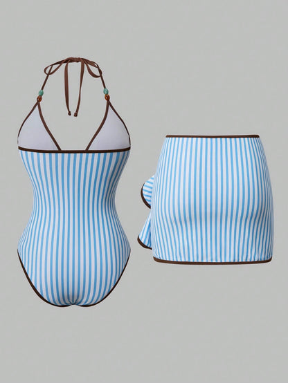 Swim Oasis Women's Striped One-Piece Swimsuit Cover-Up Skirt