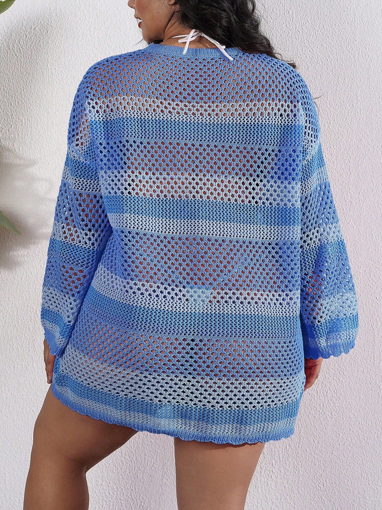 Swim Plus Size Women's Loose Fit Hollow Out Ombre Pink Cute Beach Cover Up Pullover