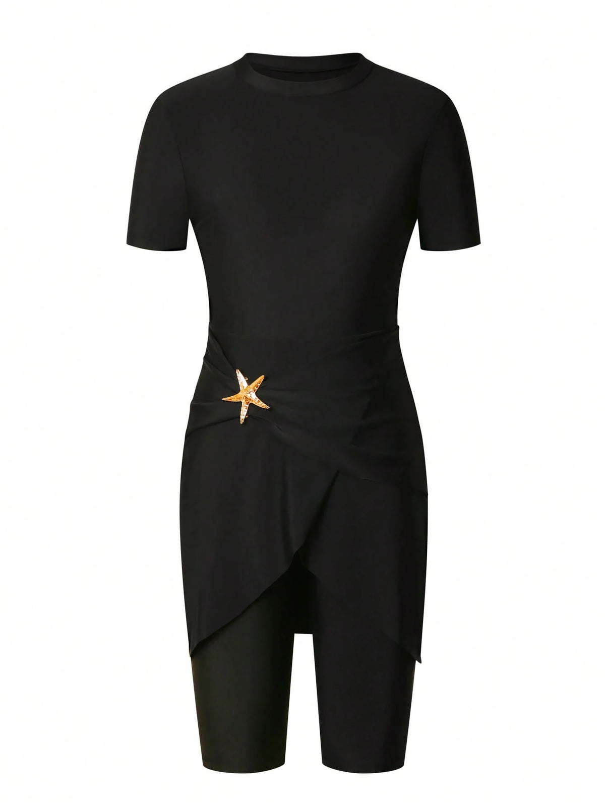 Swim Shayni New Summer Women's Round Neck Short Sleeve Dress With Ruffle Hem Starfish Decor + Knee-Length Shorts Black Casual Vacation Bikini Set