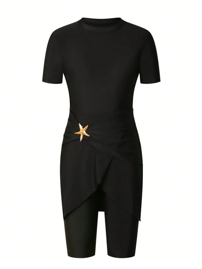 Swim Shayni New Summer Women's Round Neck Short Sleeve Dress With Ruffle Hem Starfish Decor + Knee-Length Shorts Black Casual Vacation Bikini Set