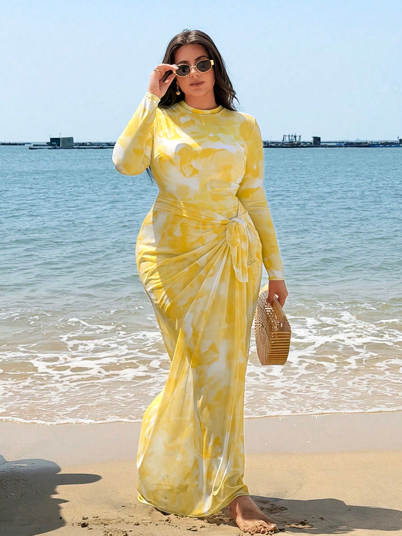 Swim Shayni Plus Size Women Floral Print Long Sleeve One-Piece Swimsuit With Skirt Coverup,Butter Yellow Summer Modest Beach Holiday Holiday Cruise Outfits Curve