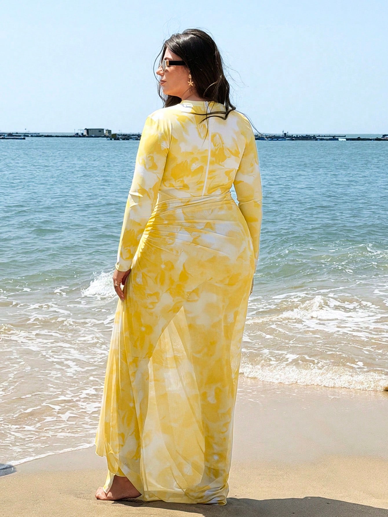 Swim Shayni Plus Size Women Floral Print Long Sleeve One-Piece Swimsuit With Skirt Coverup,Butter Yellow Summer Modest Beach Holiday Holiday Cruise Outfits Curve