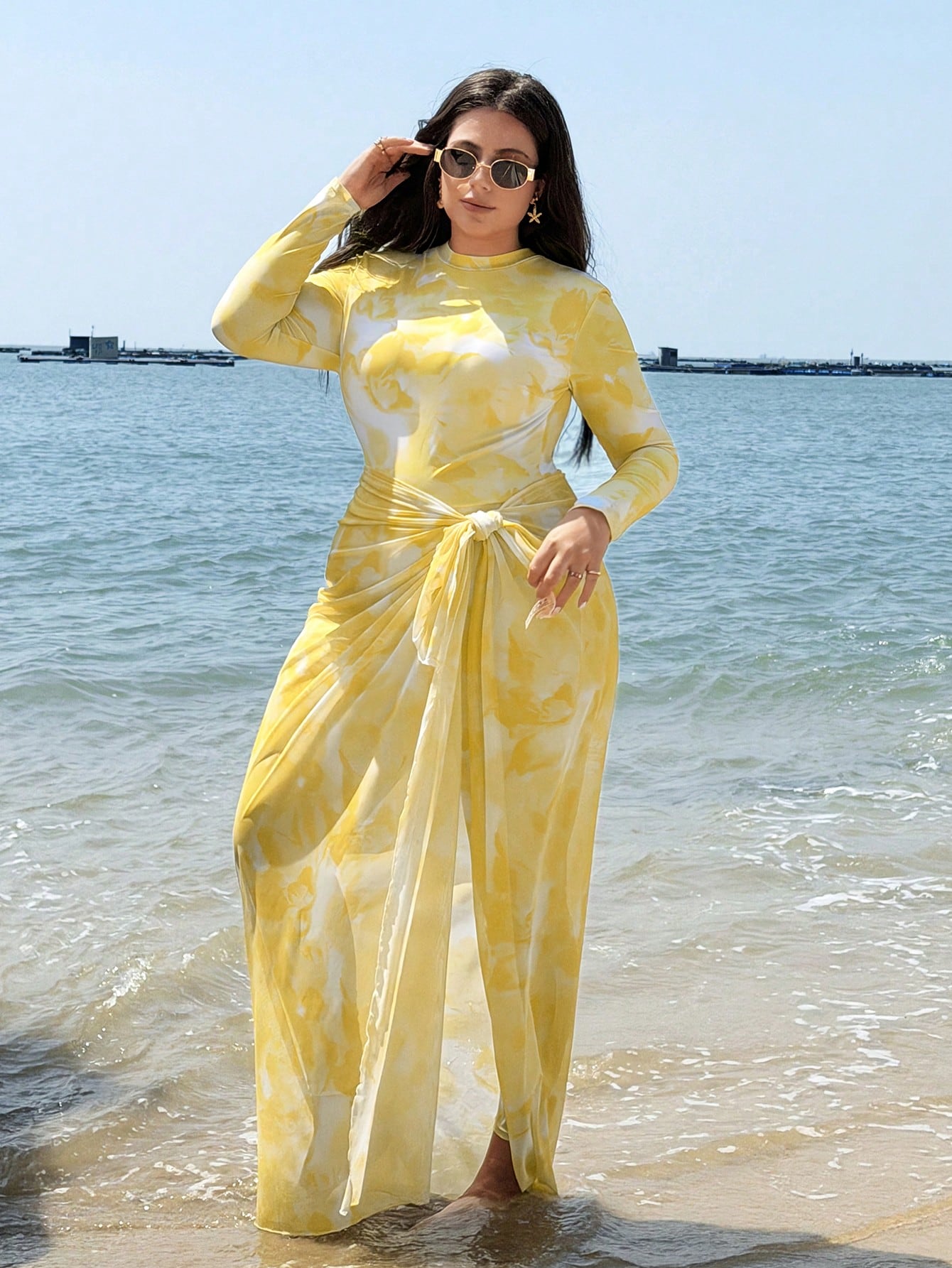 Swim Shayni Plus Size Women Floral Print Long Sleeve One-Piece Swimsuit With Skirt Coverup,Butter Yellow Summer Modest Beach Holiday Holiday Cruise Outfits Curve