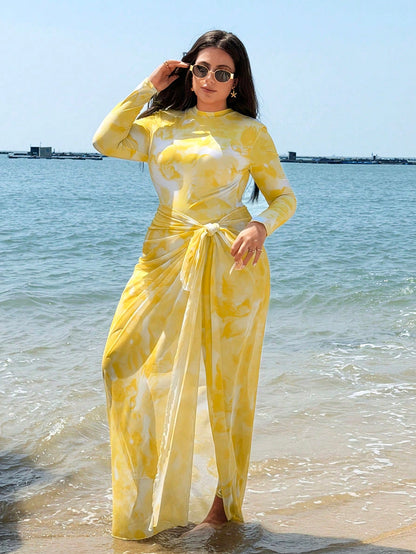 Swim Shayni Plus Size Women Floral Print Long Sleeve One-Piece Swimsuit With Skirt Coverup,Butter Yellow Summer Modest Beach Holiday Holiday Cruise Outfits Curve