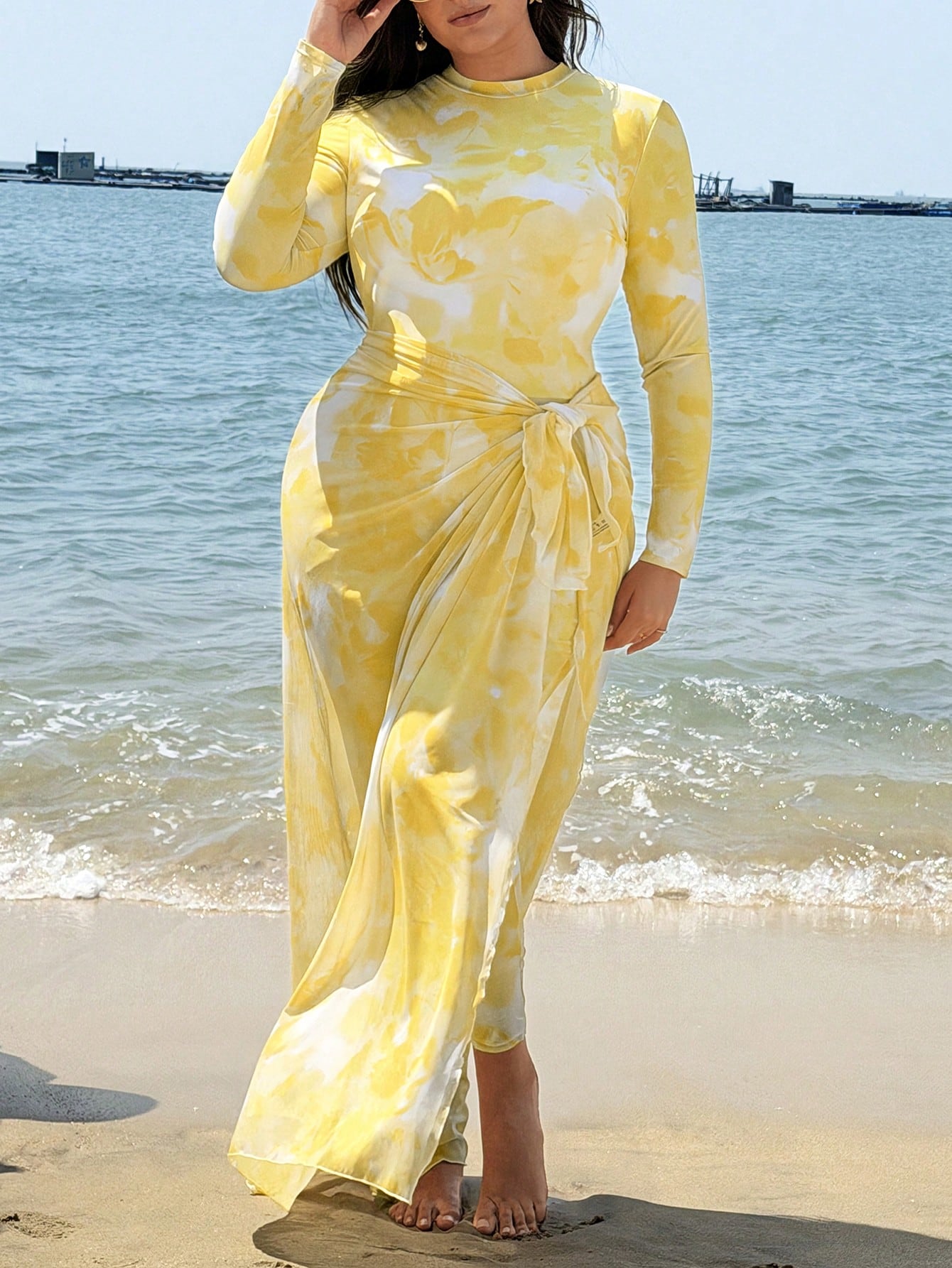 Swim Shayni Plus Size Women Floral Print Long Sleeve One-Piece Swimsuit With Skirt Coverup,Butter Yellow Summer Modest Beach Holiday Holiday Cruise Outfits Curve