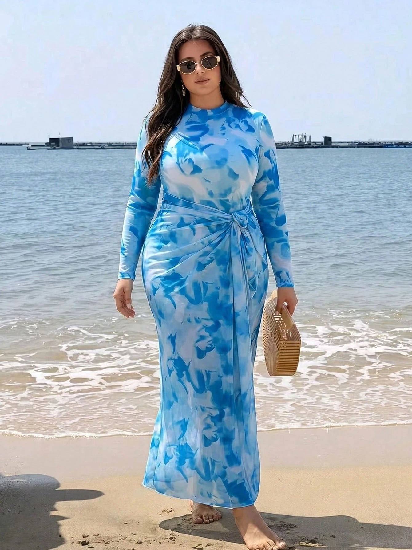 Swim Shayni Plus Size Women Floral Print Long Sleeve One-Piece Swimsuit With Skirt Coverup,Butter Yellow Summer Modest Beach Holiday Holiday Cruise Outfits Curve