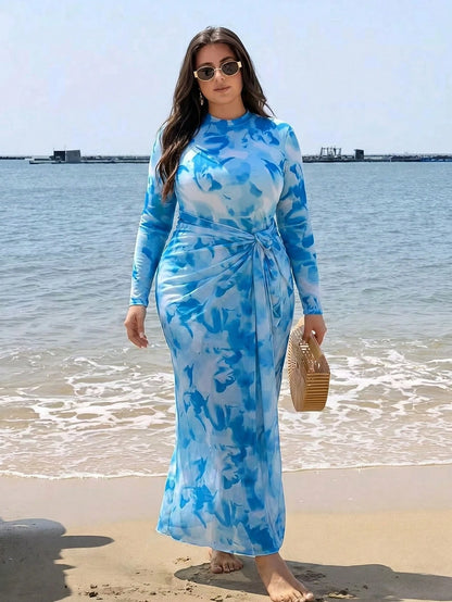 Swim Shayni Plus Size Women Floral Print Long Sleeve One-Piece Swimsuit With Skirt Coverup,Butter Yellow Summer Modest Beach Holiday Holiday Cruise Outfits Curve