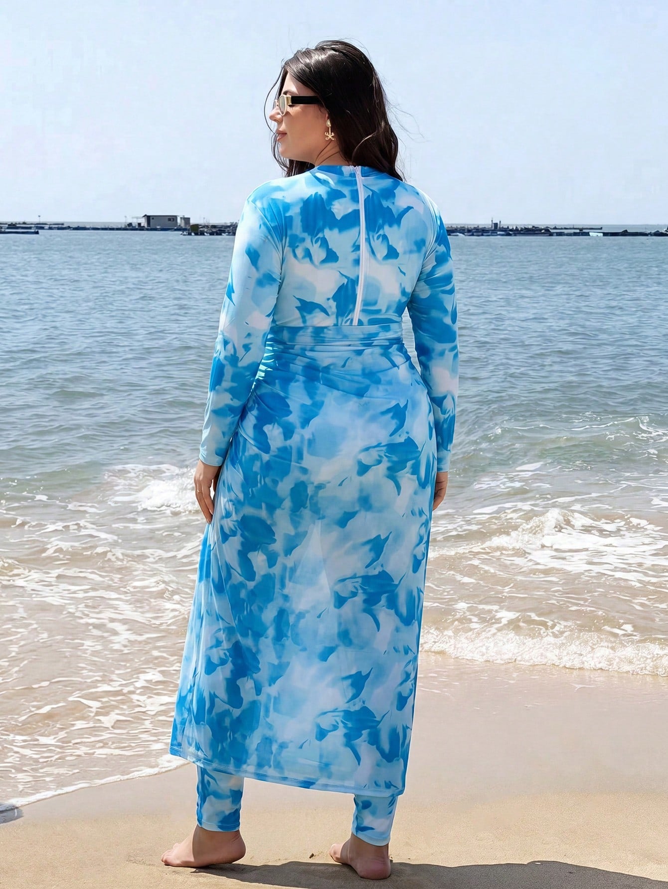 Swim Shayni Plus Size Women Floral Print Long Sleeve One-Piece Swimsuit With Skirt Coverup,Butter Yellow Summer Modest Beach Holiday Holiday Cruise Outfits Curve