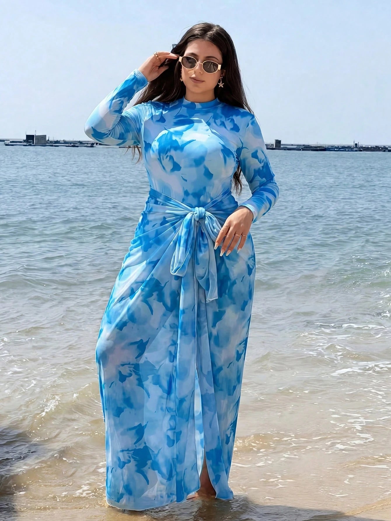 Swim Shayni Plus Size Women Floral Print Long Sleeve One-Piece Swimsuit With Skirt Coverup,Butter Yellow Summer Modest Beach Holiday Holiday Cruise Outfits Curve