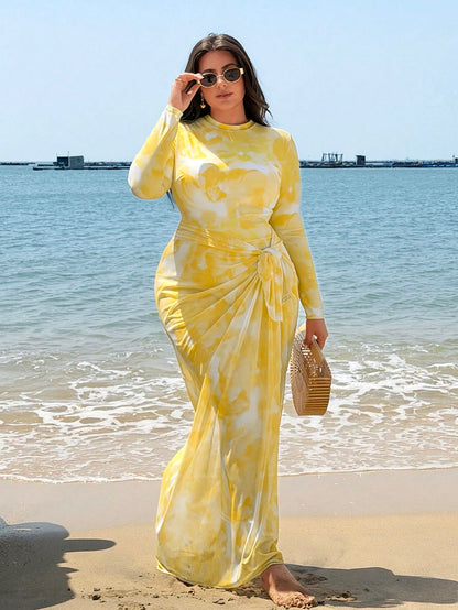 Swim Shayni Plus Size Women Floral Print Long Sleeve One-Piece Swimsuit With Skirt Coverup,Butter Yellow Summer Modest Beach Holiday Holiday Cruise Outfits Curve