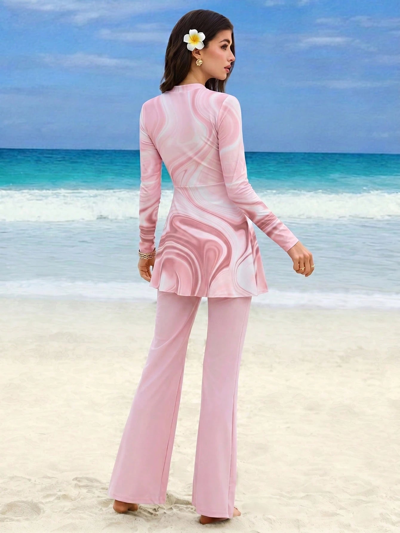 Swim Shayni Spring/Summer New Women's 2-Piece Tie Dye Print High Neck Zipper Long Sleeve Ruched Dress & Wide Leg Pants Swimsuit Set, Middle East Beach Cruise Vacation Swimming Sun Protection Casual Be