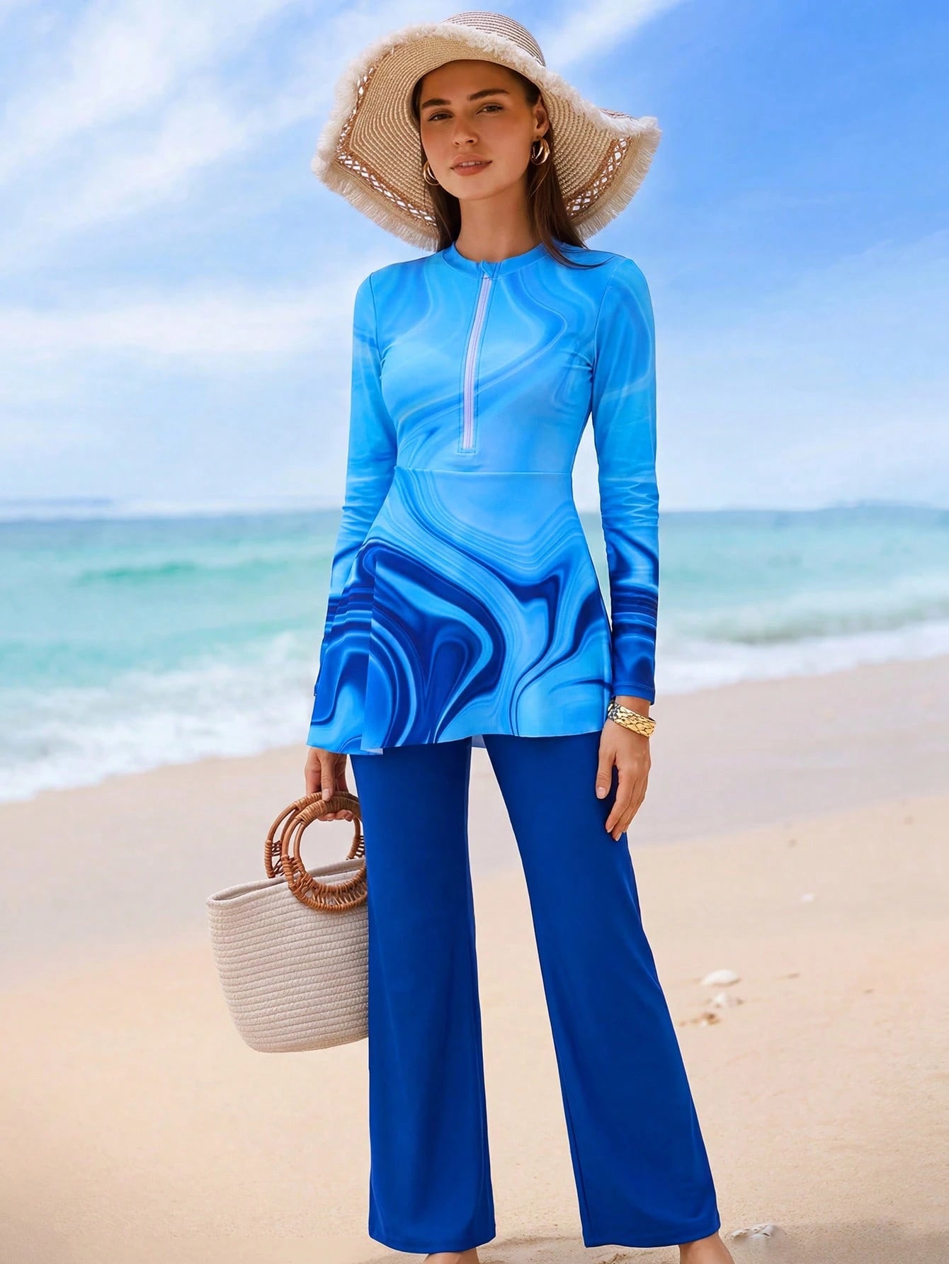 Swim Shayni Spring/Summer New Women's 2-Piece Tie Dye Print High Neck Zipper Long Sleeve Ruched Dress & Wide Leg Pants Swimsuit Set, Middle East Beach Cruise Vacation Swimming Sun Protection Casual Be