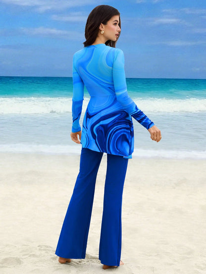Swim Shayni Spring/Summer New Women's 2-Piece Tie Dye Print High Neck Zipper Long Sleeve Ruched Dress & Wide Leg Pants Swimsuit Set, Middle East Beach Cruise Vacation Swimming Sun Protection Casual Be