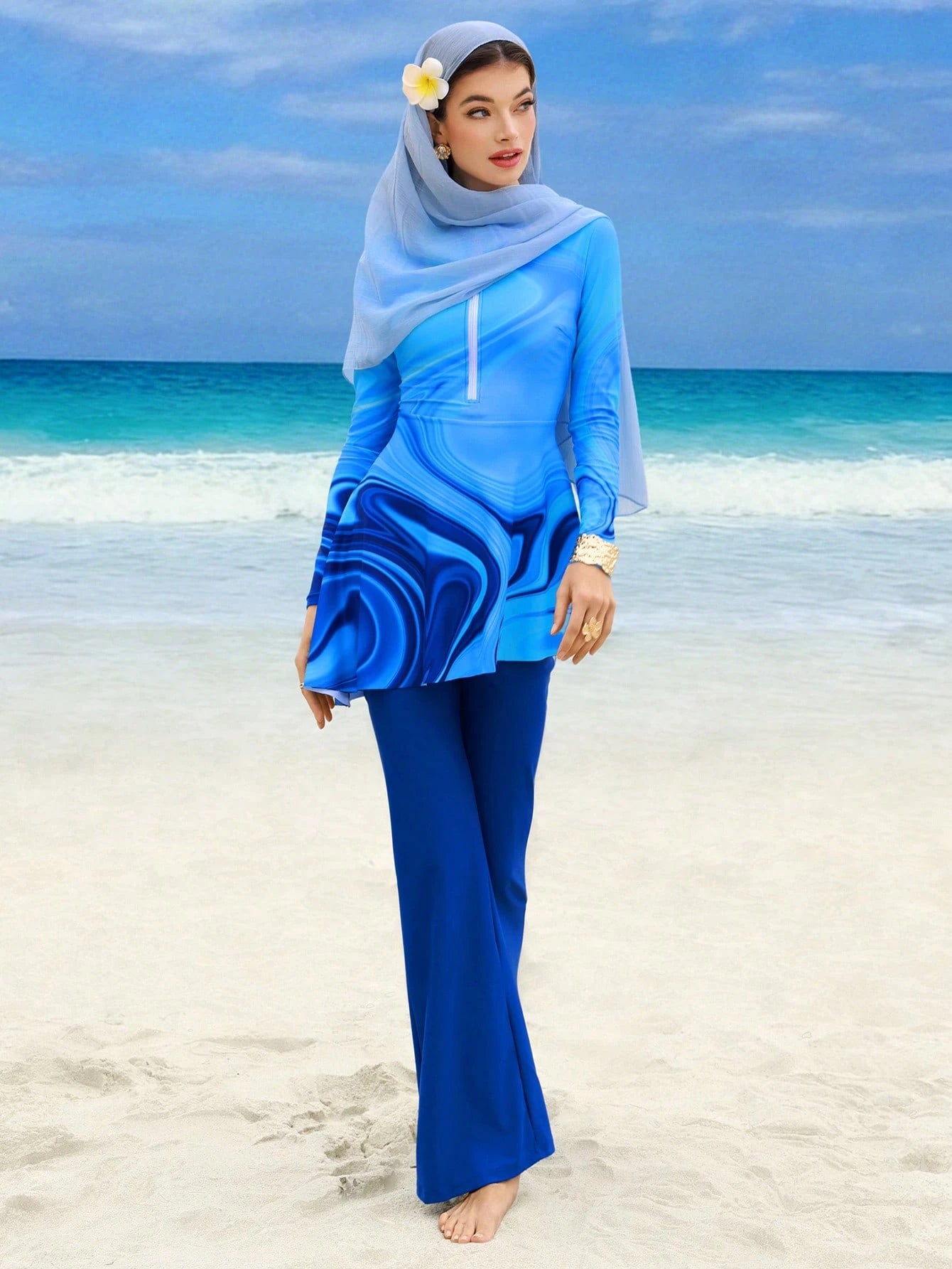 Swim Shayni Spring/Summer New Women's 2-Piece Tie Dye Print High Neck Zipper Long Sleeve Ruched Dress & Wide Leg Pants Swimsuit Set, Middle East Beach Cruise Vacation Swimming Sun Protection Casual Be