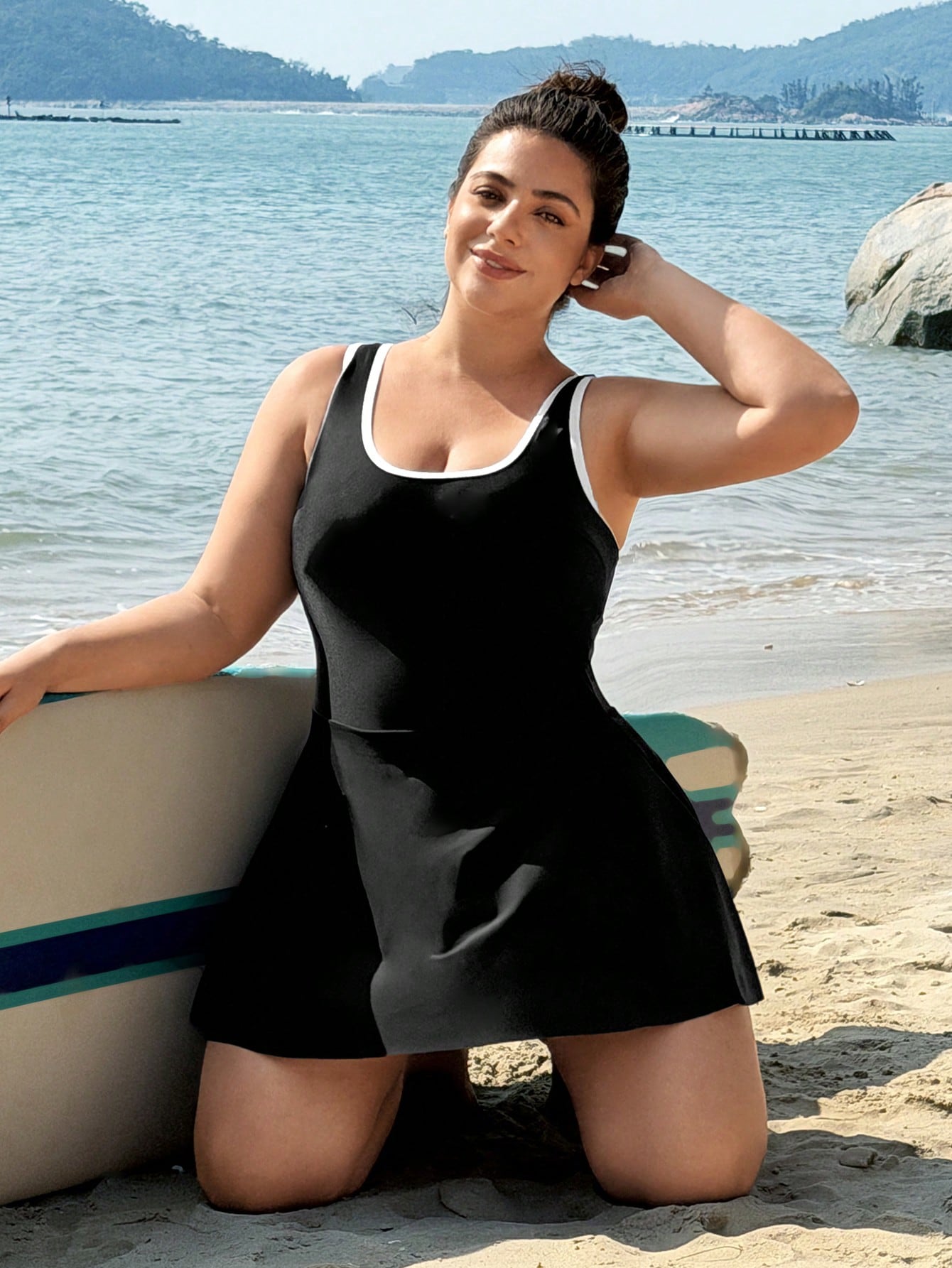 Swim SPRTY 2026 New Plus Size Women's One-Piece Swimsuit,Round Neck Black & White Patchwork Long Dress, Shorts With Pockets,Comfy Summer Beach Holiday