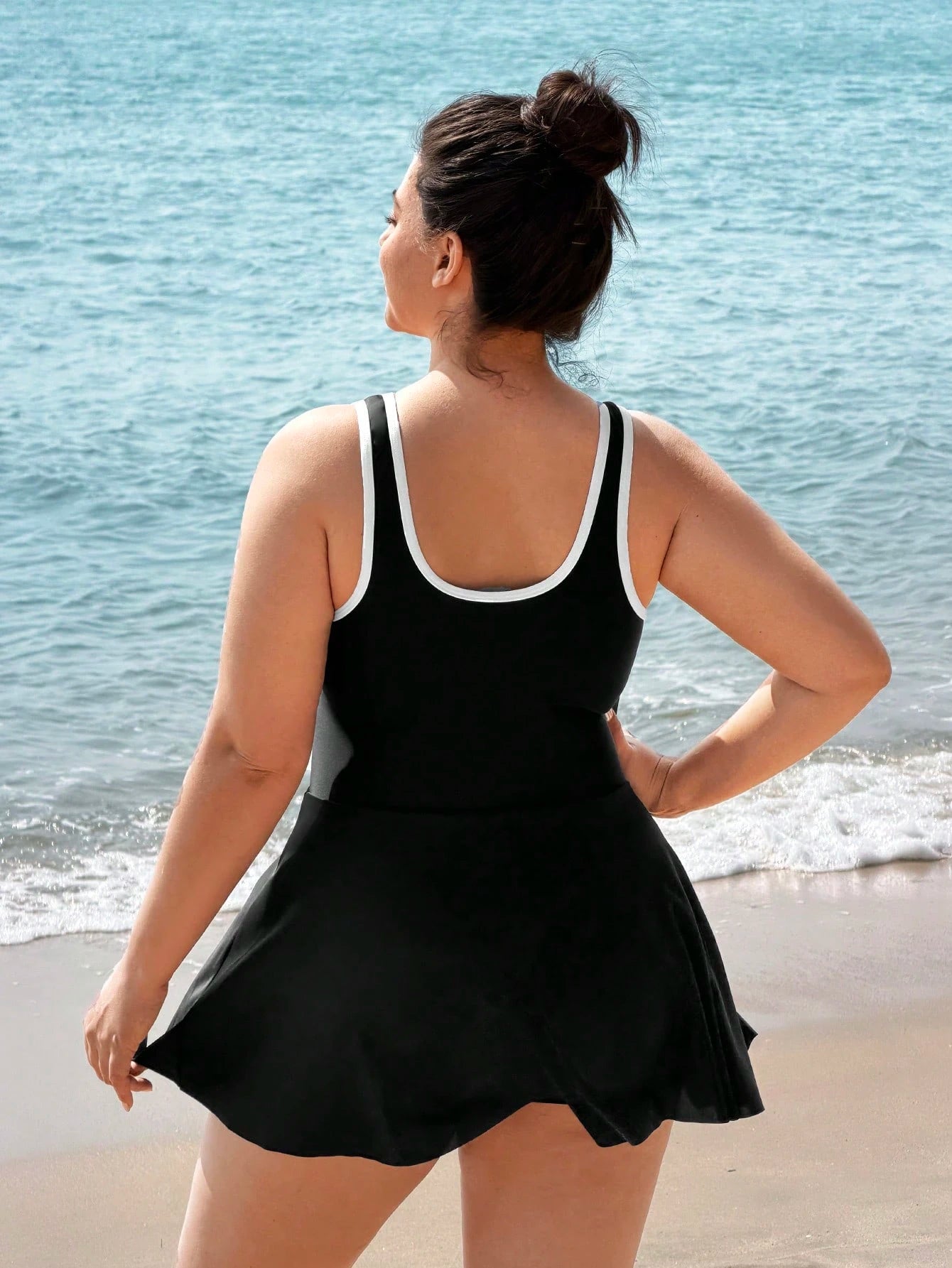 Swim SPRTY 2026 New Plus Size Women's One-Piece Swimsuit,Round Neck Black & White Patchwork Long Dress, Shorts With Pockets,Comfy Summer Beach Holiday