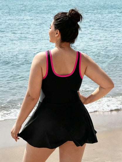 Swim SPRTY 2026 New Plus Size Women's One-Piece Swimsuit,Round Neck Black & White Patchwork Long Dress, Shorts With Pockets,Comfy Summer Beach Holiday