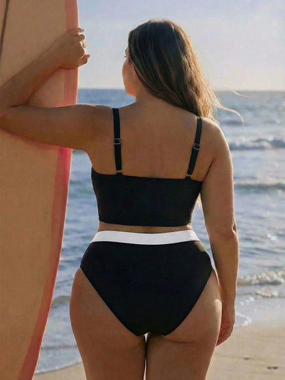 Swim SPRTY Plus Size Women Contrast Color Casual Versatile Vacation Tank Top And Triangle Tankini Set