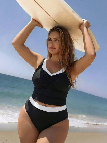 Swim SPRTY Plus Size Women Contrast Color Casual Versatile Vacation Tank Top And Triangle Tankini Set