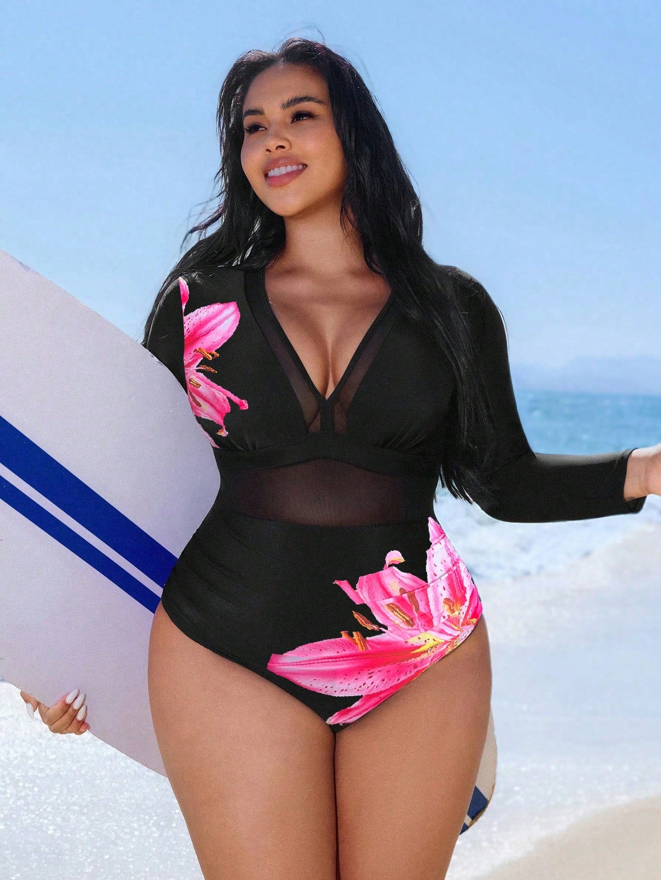 Swim SPRTY Plus Size Women's Black One-Piece Swimsuit,Printed Contrast Mesh V-Neck Long Sleeve Pleated Front Waist, Summer Beach Vacation Holiday Style
