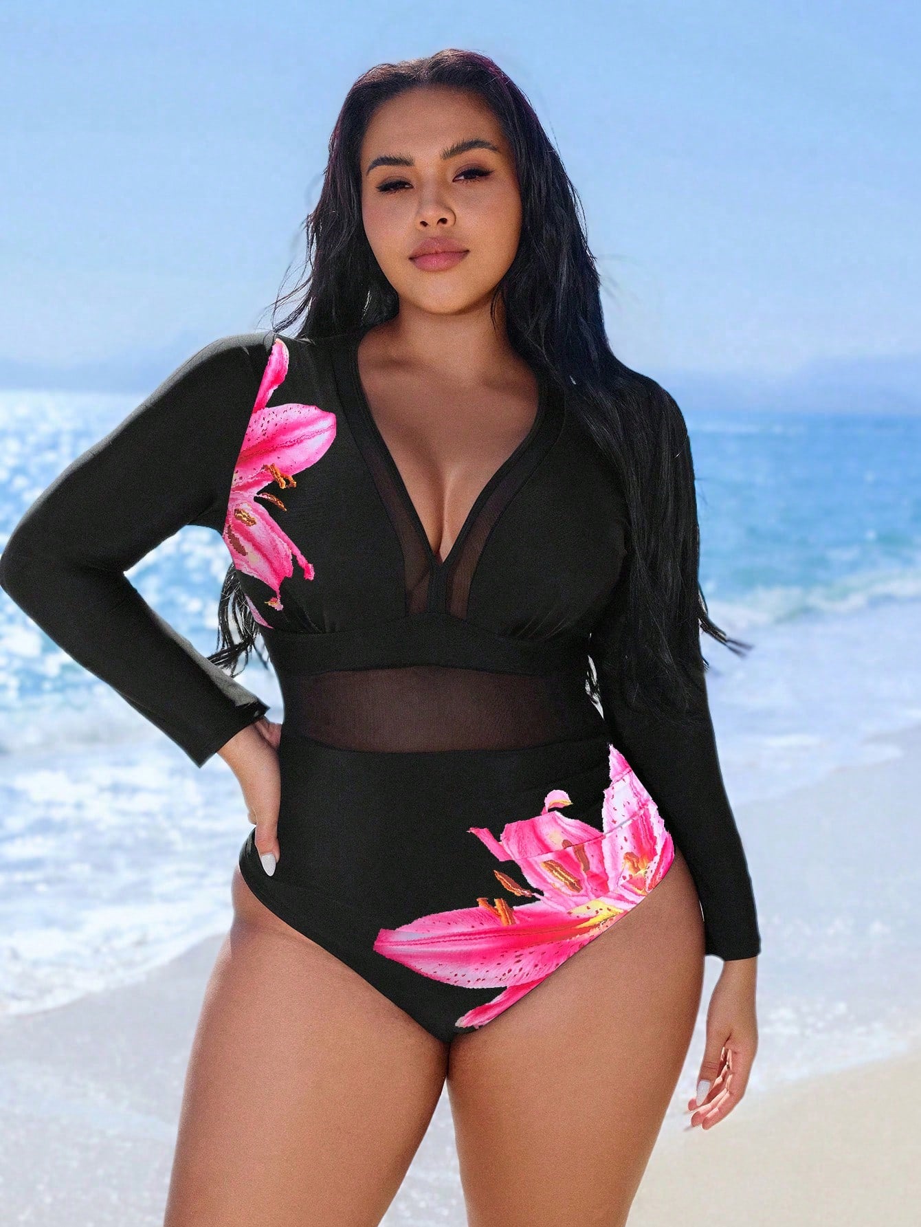 Swim SPRTY Plus Size Women's Black One-Piece Swimsuit,Printed Contrast Mesh V-Neck Long Sleeve Pleated Front Waist, Summer Beach Vacation Holiday Style