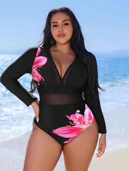 Swim SPRTY Plus Size Women's Black One-Piece Swimsuit,Printed Contrast Mesh V-Neck Long Sleeve Pleated Front Waist, Summer Beach Vacation Holiday Style