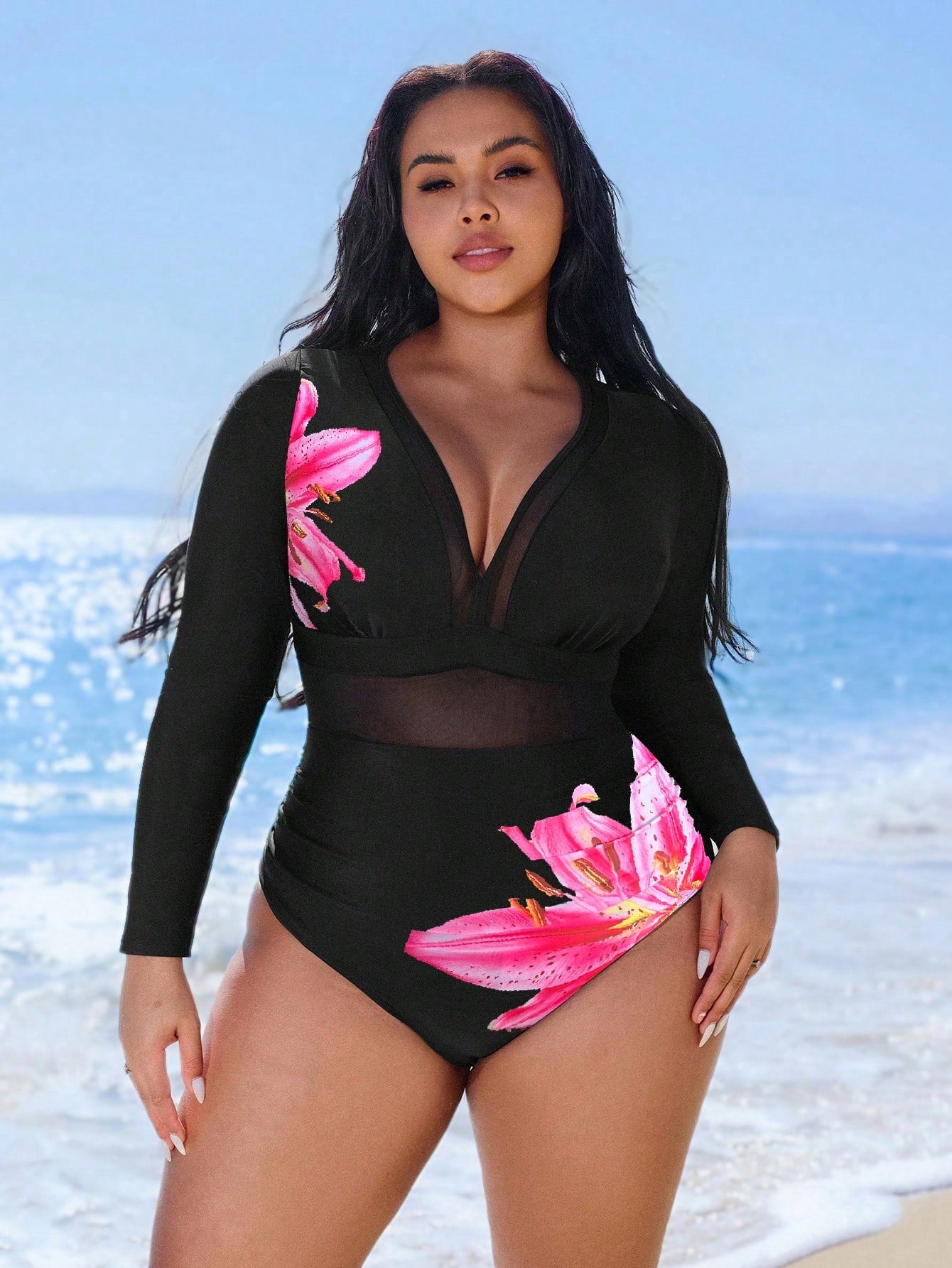 Swim SPRTY Plus Size Women's Black One-Piece Swimsuit,Printed Contrast Mesh V-Neck Long Sleeve Pleated Front Waist, Summer Beach Vacation Holiday Style
