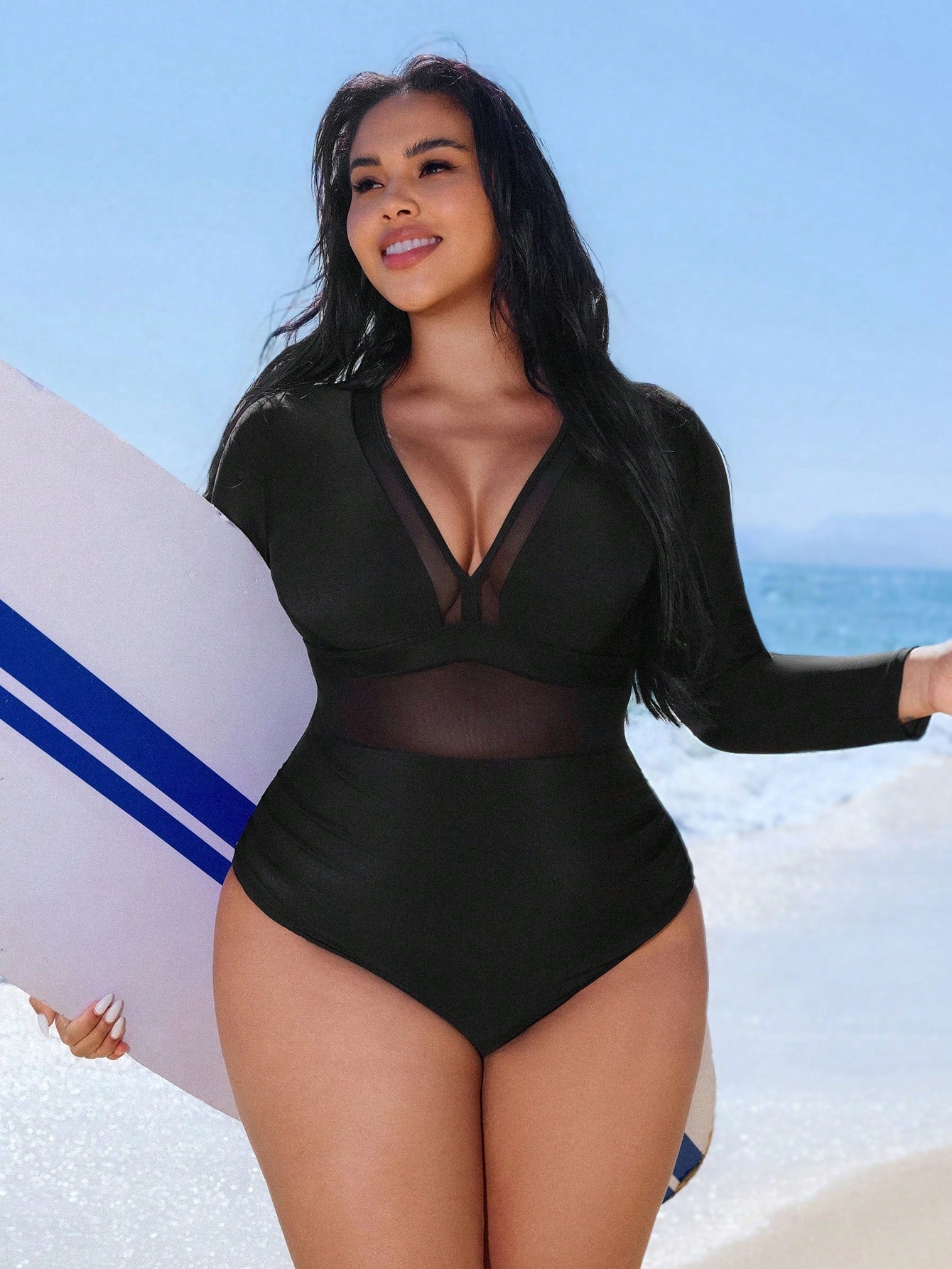 Swim SPRTY Plus Size Women's Black One-Piece Swimsuit,Printed Contrast Mesh V-Neck Long Sleeve Pleated Front Waist, Summer Beach Vacation Holiday Style