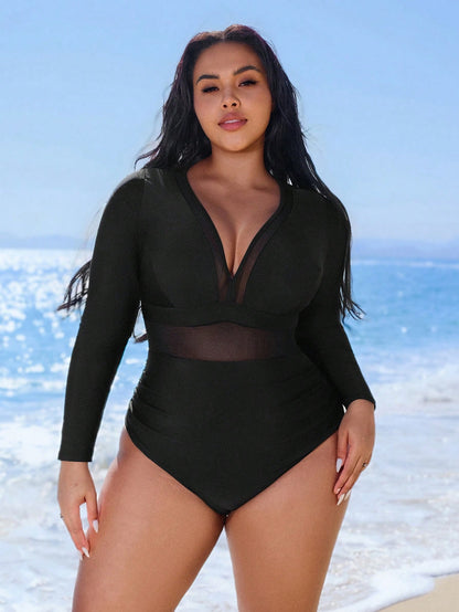 Swim SPRTY Plus Size Women's Black One-Piece Swimsuit,Printed Contrast Mesh V-Neck Long Sleeve Pleated Front Waist, Summer Beach Vacation Holiday Style
