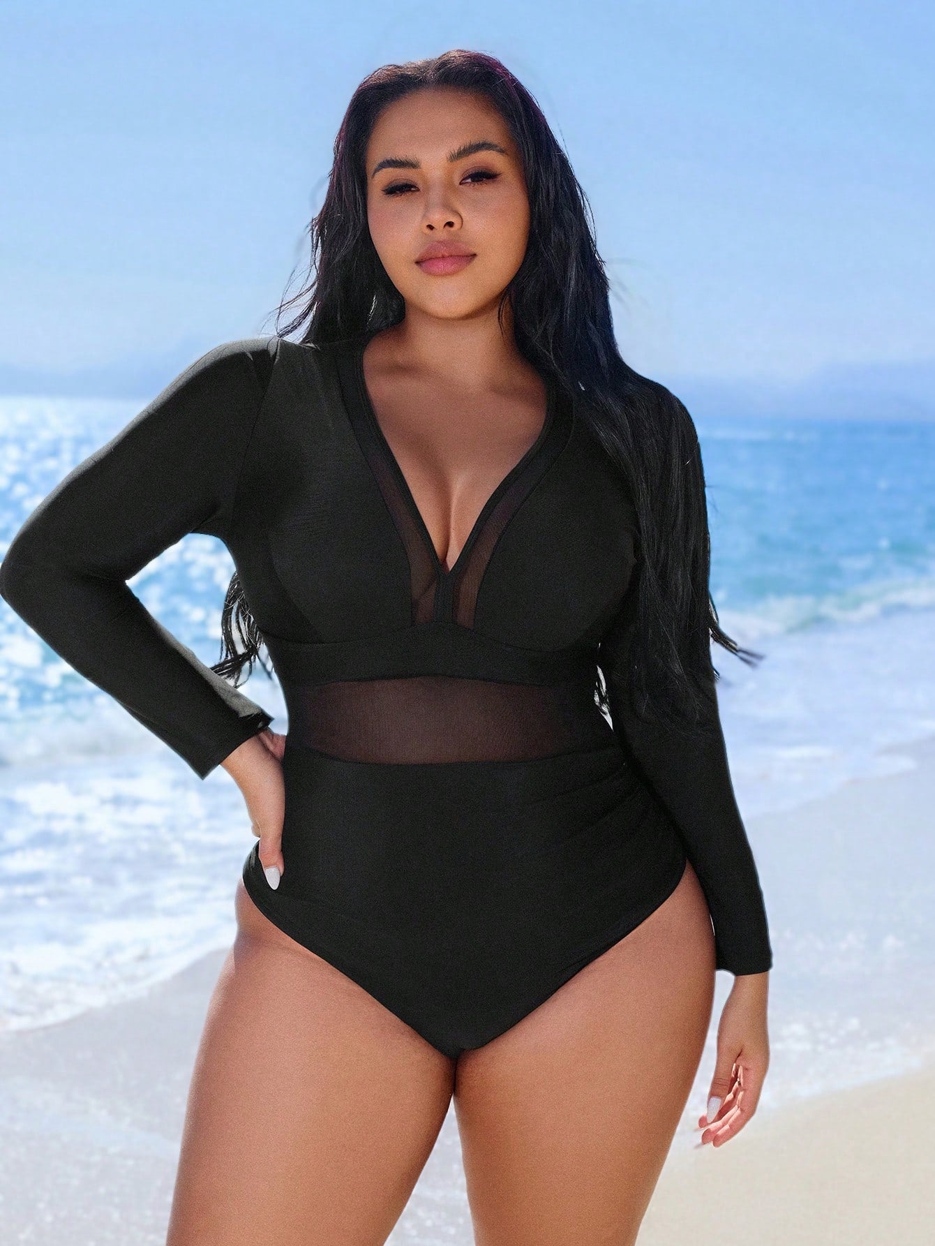 Swim SPRTY Plus Size Women's Black One-Piece Swimsuit,Printed Contrast Mesh V-Neck Long Sleeve Pleated Front Waist, Summer Beach Vacation Holiday Style