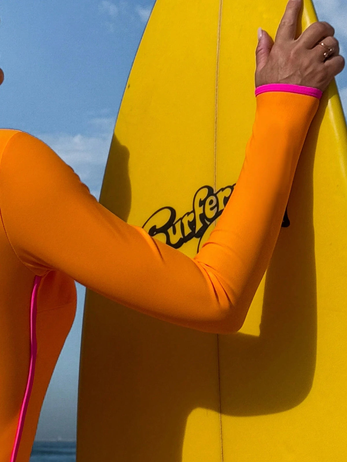 Swim SPRTY Springbreak Women's One-Piece Swimsuit, Long Sleeve Zip-Up Rash Guard, Orange Jumpsuit Beach Resort Swimwear, Surfing Suit For Summer Beach Vacation